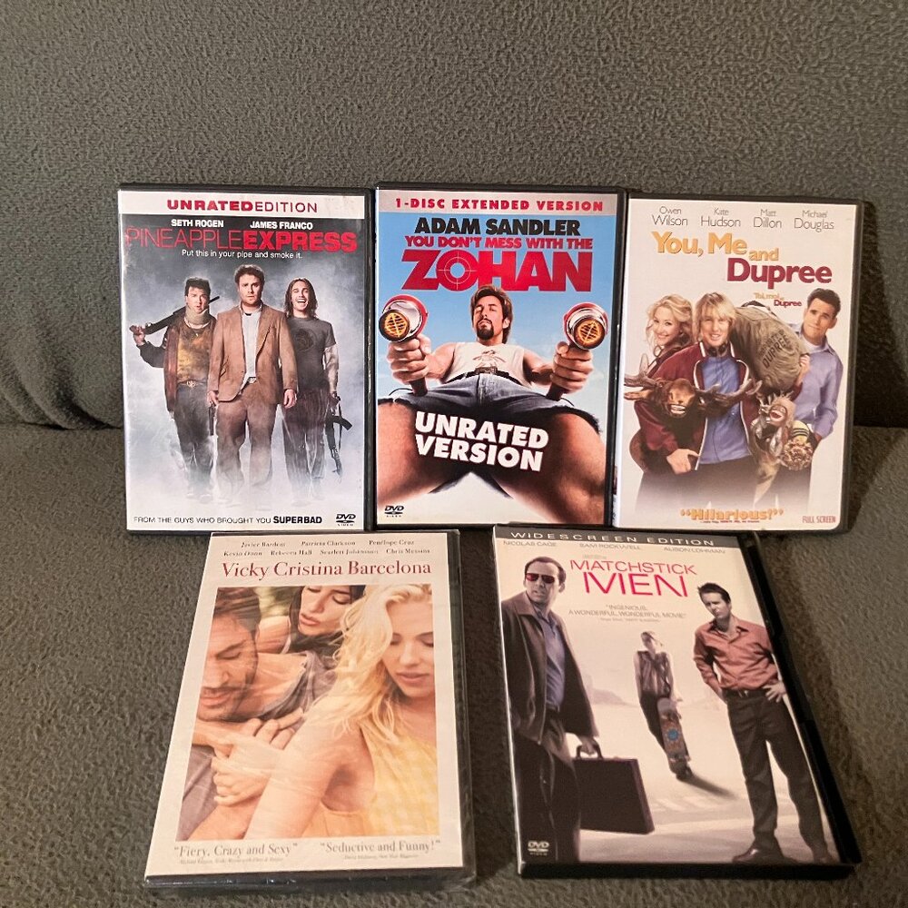 5 COMEDY MOVIE DVD Lot: Zohan/ Matchstick Men/PineApple Express/Vicky C. Barc. .